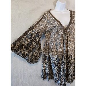 EUC Sanctuary Dress Womens Medium Brown Geometric Lace Festival Ruffles Hippie